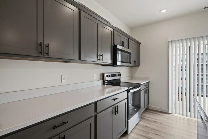 Stylish kitchen with stainless steel appliances and gray cabinets.