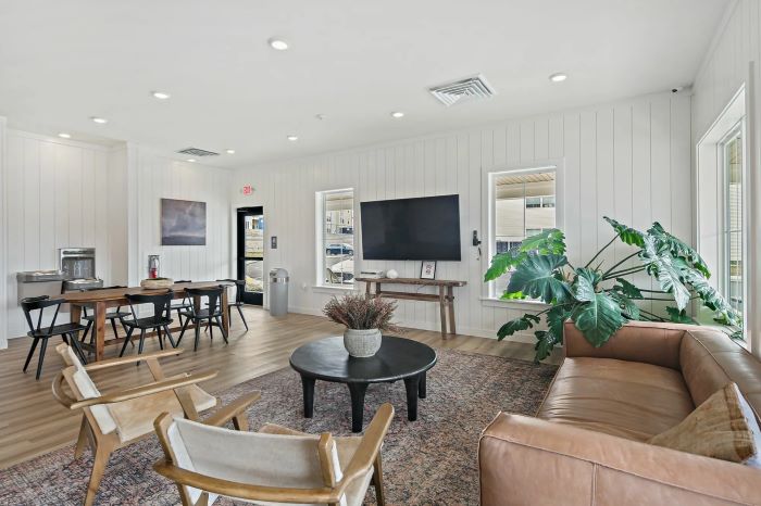 Emerson Flats living room in a co-working space with a large TV.
