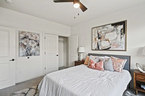 Emerson Flats bedroom with walk-in closet, ceiling fan, and wall painting.