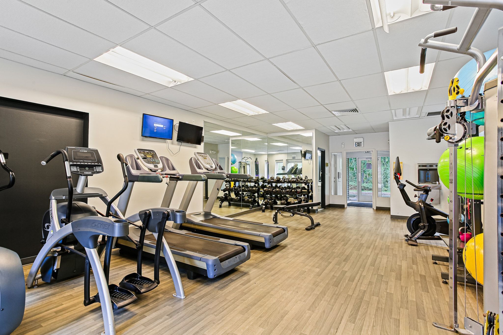 Modern fitness center featuring state-of-the-art cardio equipment, weight racks, and vibrant exercise balls on a sleek wooden floor.