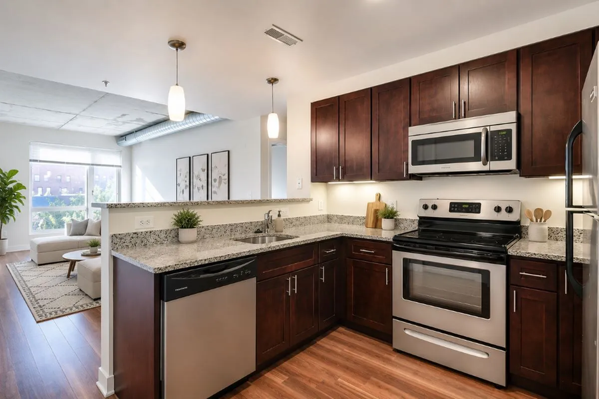 Modern open-plan apartment featuring a stylish kitchen with stainless steel appliances, dark wood cabinets, and a cozy living area with large windows for natural light.