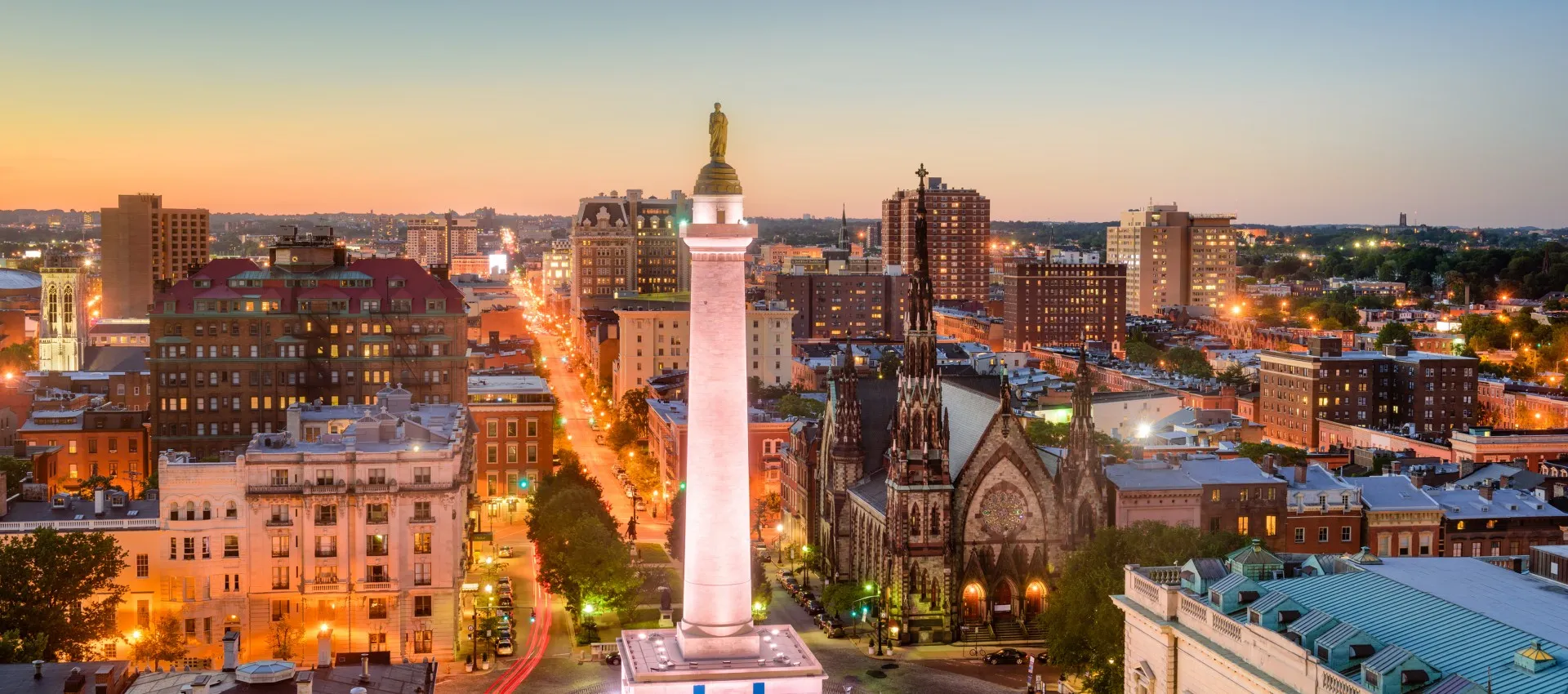 Mt. Vernon Monument Square at night