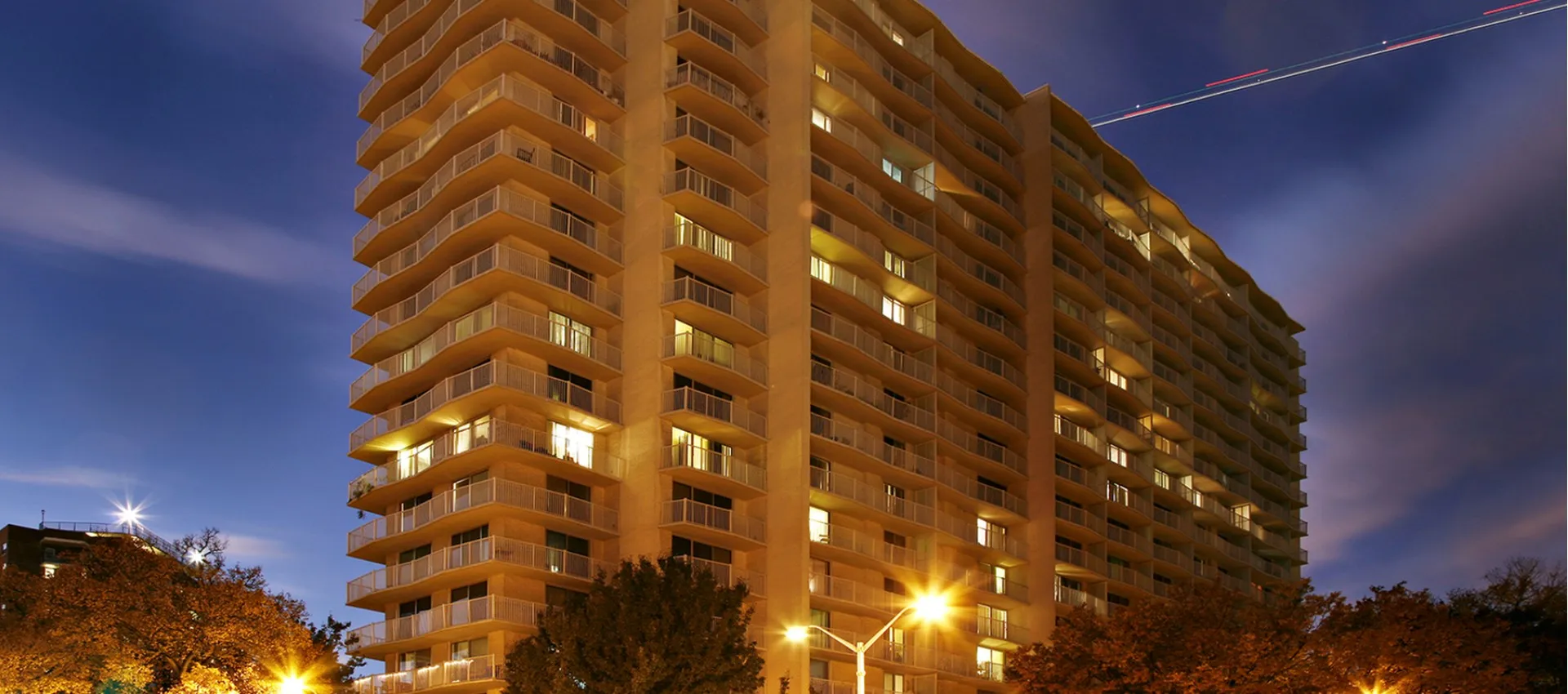 Hopkins House high-rise apartments at night