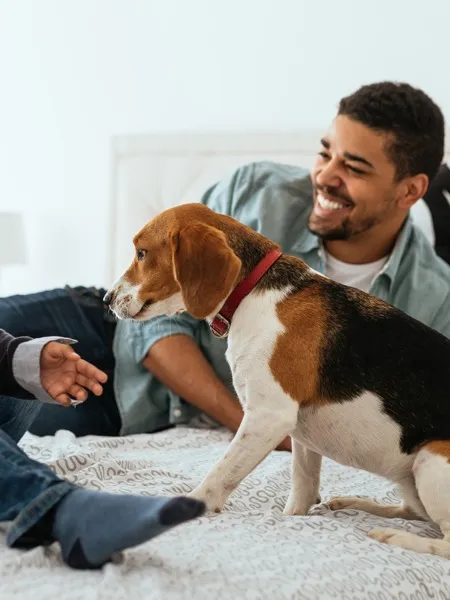 Man sitting with dog.