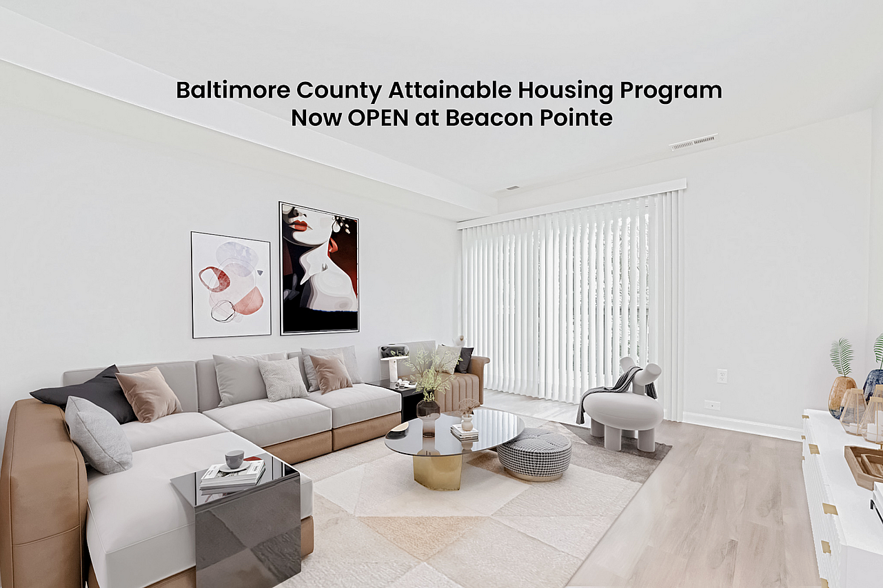 Modern and bright living room in Beacon Pointe with stylish furniture and art.