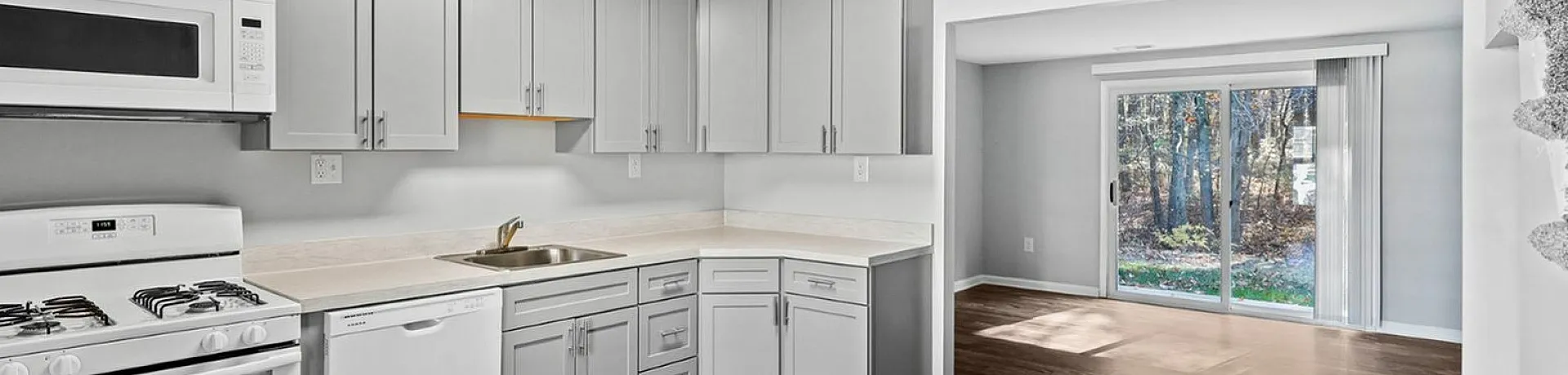 Contemporary kitchen with grey cabinetry and open living space with forest view