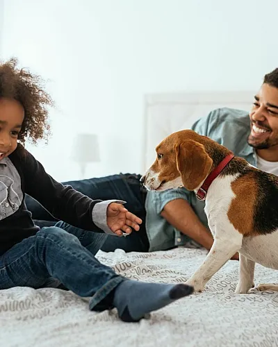 Joyful family moment in a cozy bedroom, featuring a child, smiling adult, and a playful dog on a stylishly made bed.