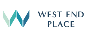 Elegant logo of West End Place with a modern geometric design in shades of blue and green.