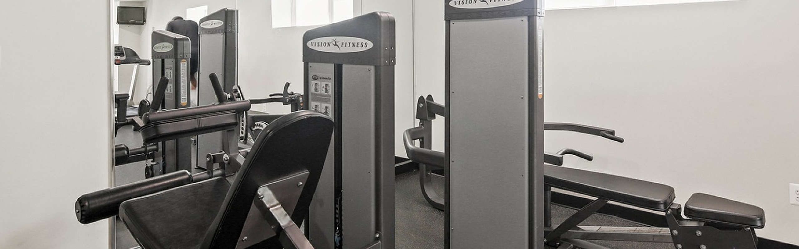 Modern apartment fitness center featuring state-of-the-art Vision Fitness equipment and bright natural lighting.