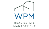 Modern WPM Real Estate Management logo featuring two stylized buildings, exuding professionalism and trust.