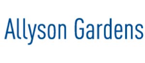 Logo of Allyson Gardens with elegant blue typography on a white background.