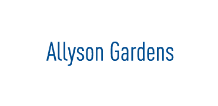 Stylish Allyson Gardens logo in elegant blue font, promoting a sophisticated apartment community.