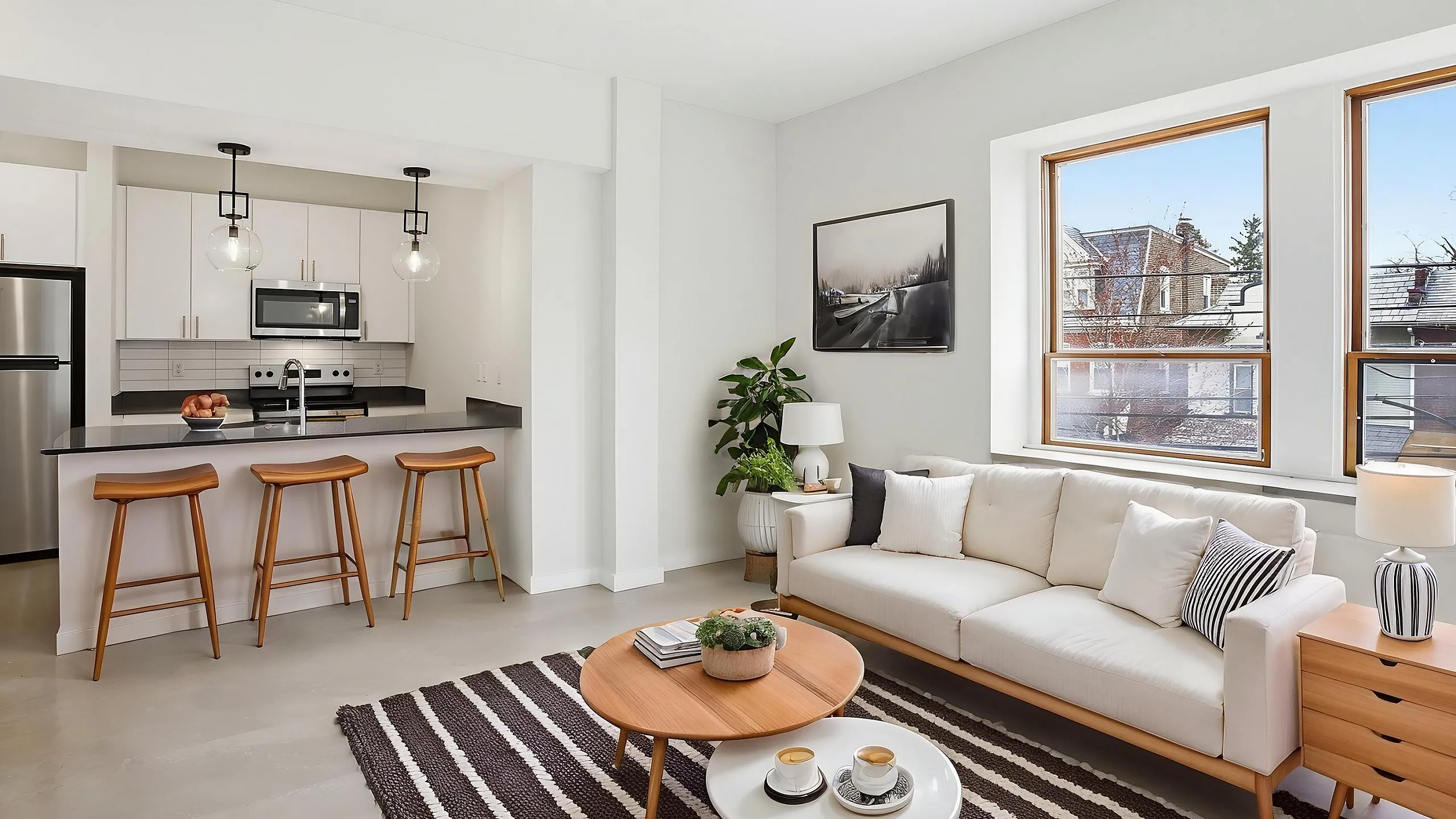 Elegant apartment living room with modern open kitchen, cozy seating area, and large windows offering city views.