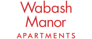 Elegant Wabash Manor Apartments logo in bold red letters.