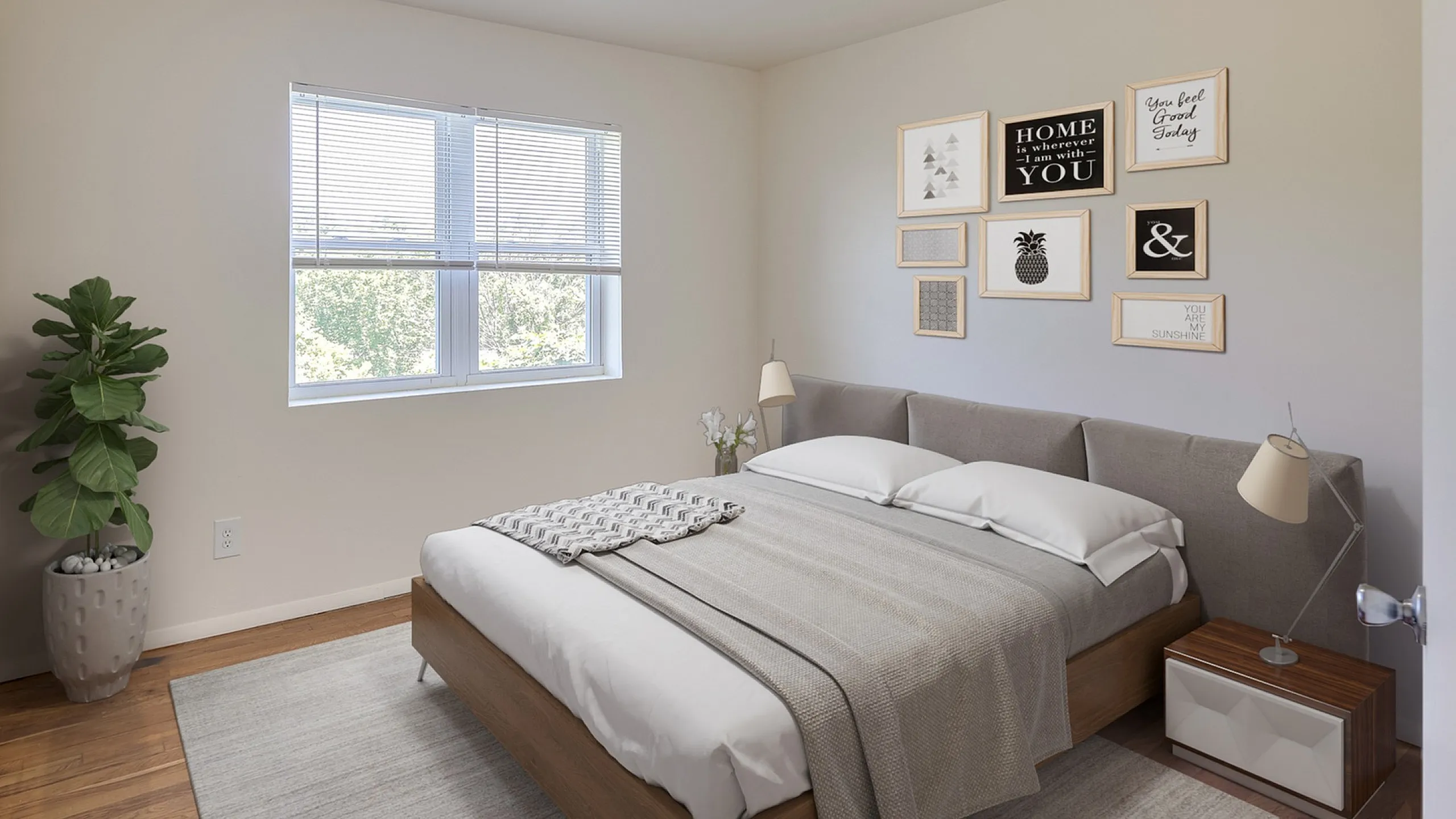Inviting bedroom with abundant natural light, elegant decor, and soothing ambiance.