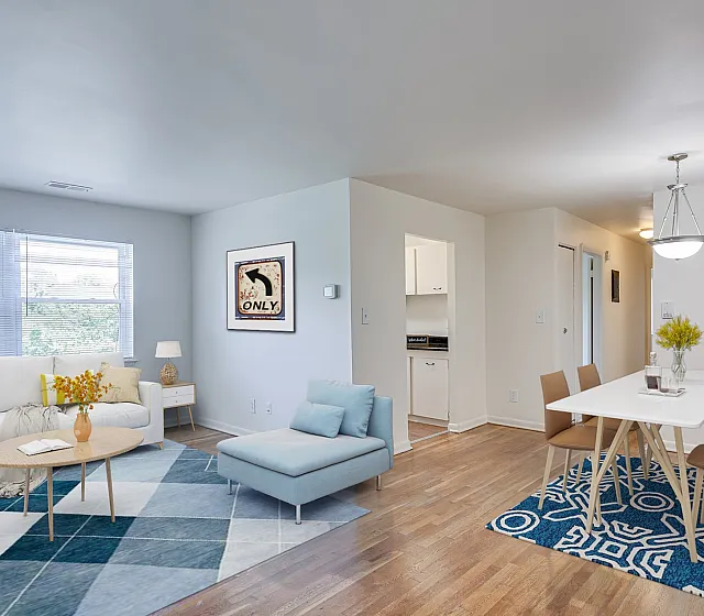 Contemporary open-concept living and dining area with bright windows, stylish decor, and natural wood flooring.