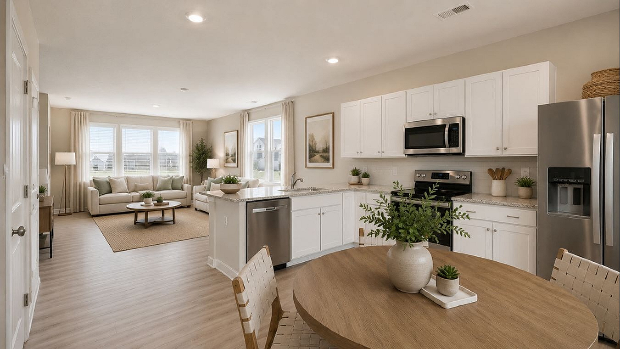 Bright and modern open-plan kitchen and living area with sleek stainless steel appliances, cozy seating, and large windows offering abundant natural light.