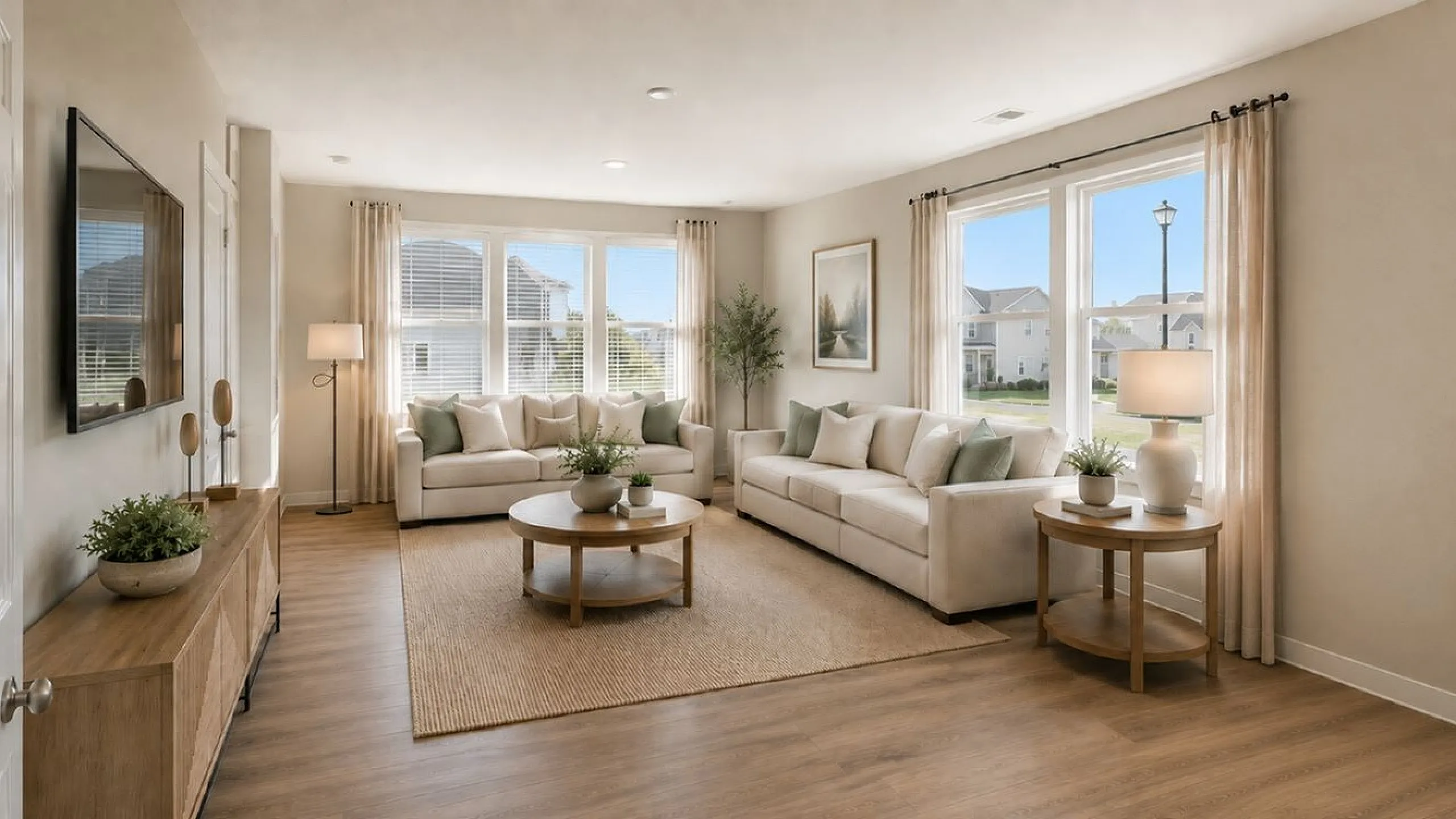 Bright and cozy living room featuring elegant sofas, a stylish coffee table, and large windows with scenic views, perfect for relaxation.