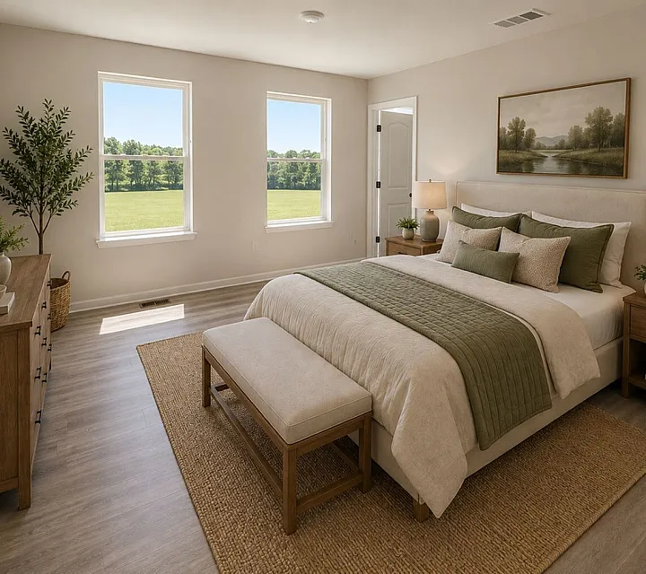 Inviting bedroom with elegant decor, abundant natural light, and serene green views.