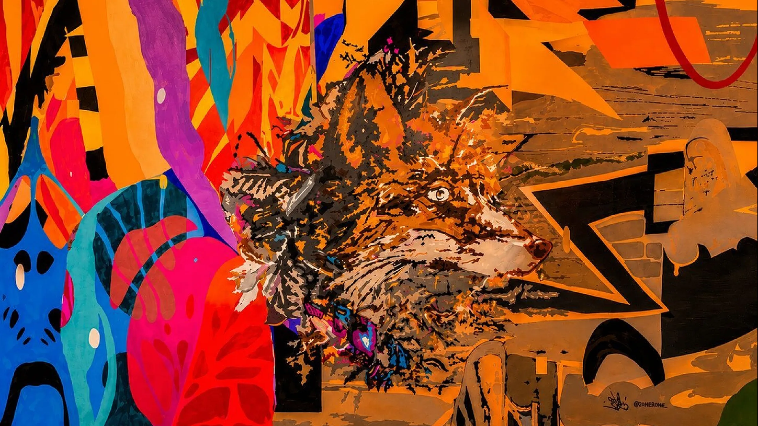 Vibrant abstract mural featuring a fox with intense colors and dynamic patterns, blending wildlife with urban art elements.