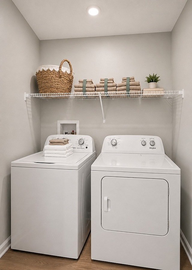 Chic laundry room featuring modern washer and dryer with stylish shelving and organized storage.