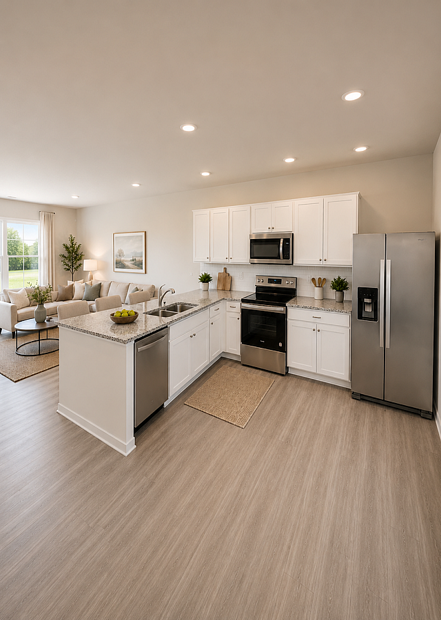 Bright, modern kitchen with white cabinets, stainless steel appliances, and open layout to a cozy living area with abundant natural light.