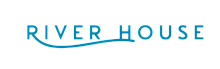 Elegant River House logo with flowing blue wave design, conveying modern waterfront living.