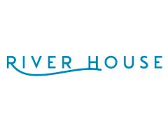 River House logo in elegant blue font with a flowing wave design, embodying tranquility and modern living.