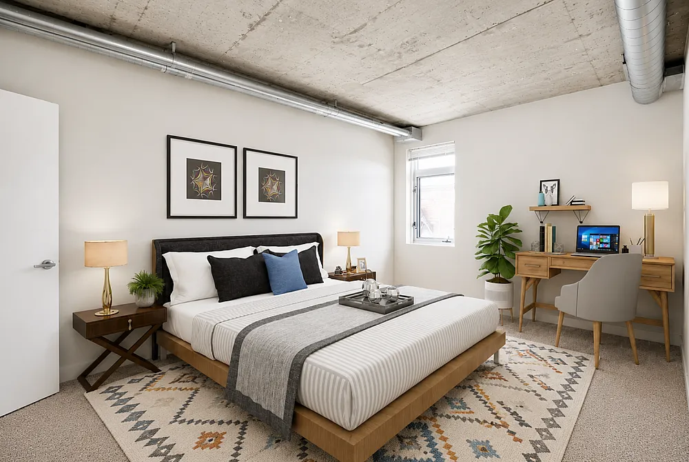 Chic modern bedroom with a cozy bed, elegant decor, and a stylish workspace near a sunlit window.