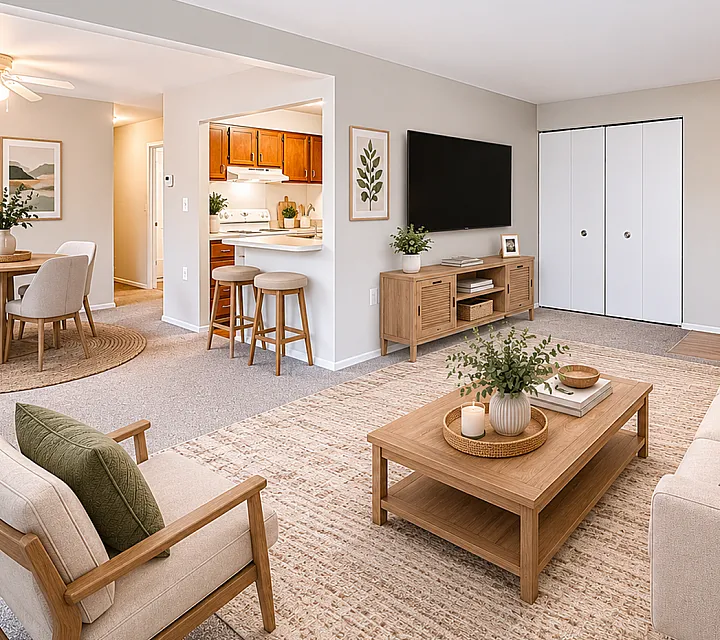 Charming open-concept living room with modern decor, cozy seating, and a connected dining area with natural light.
