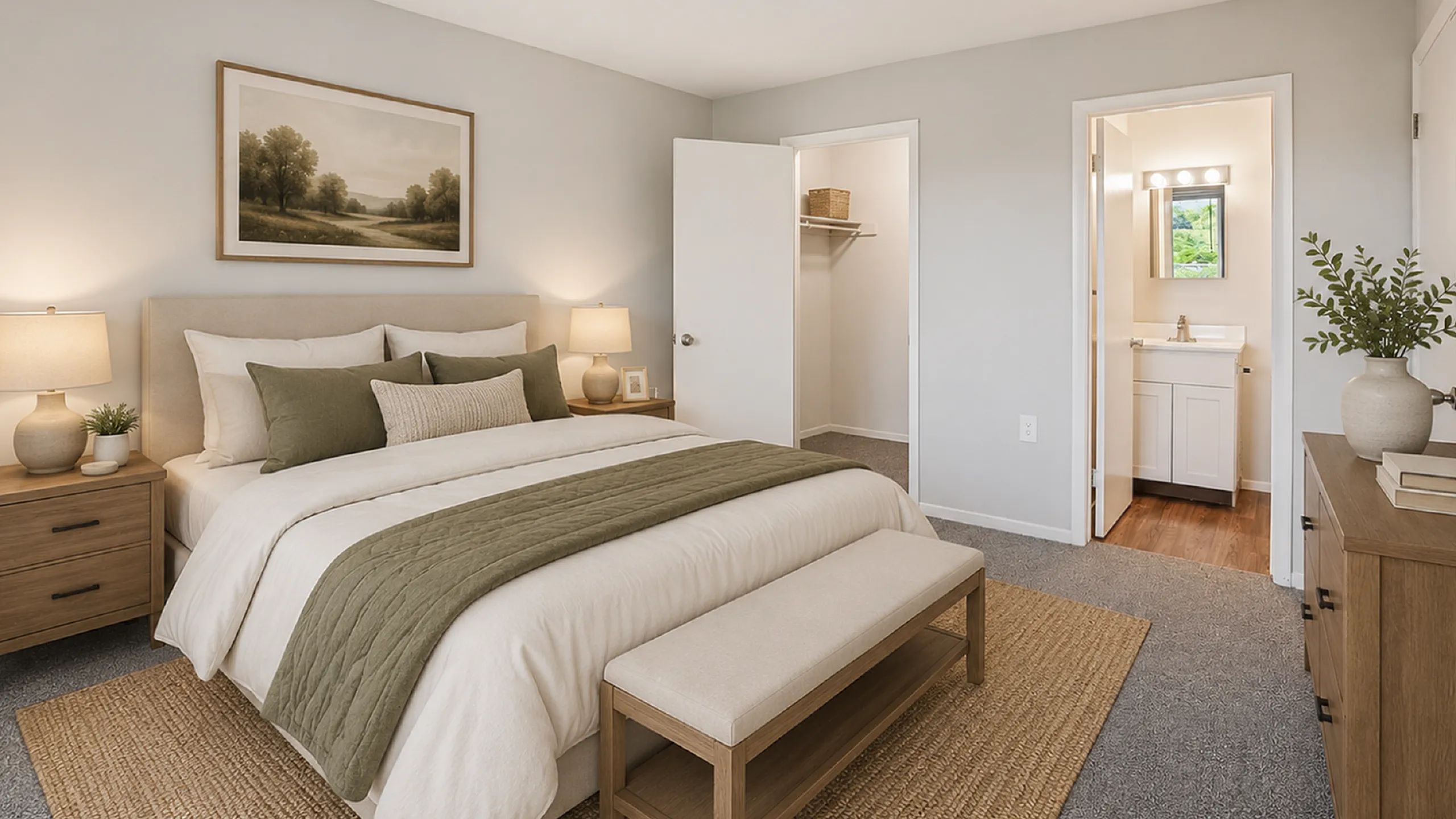 Inviting bedroom with a chic beige and green color scheme, featuring a cozy bed, bedside tables with lamps, a walk-in closet, and an en-suite bathroom.