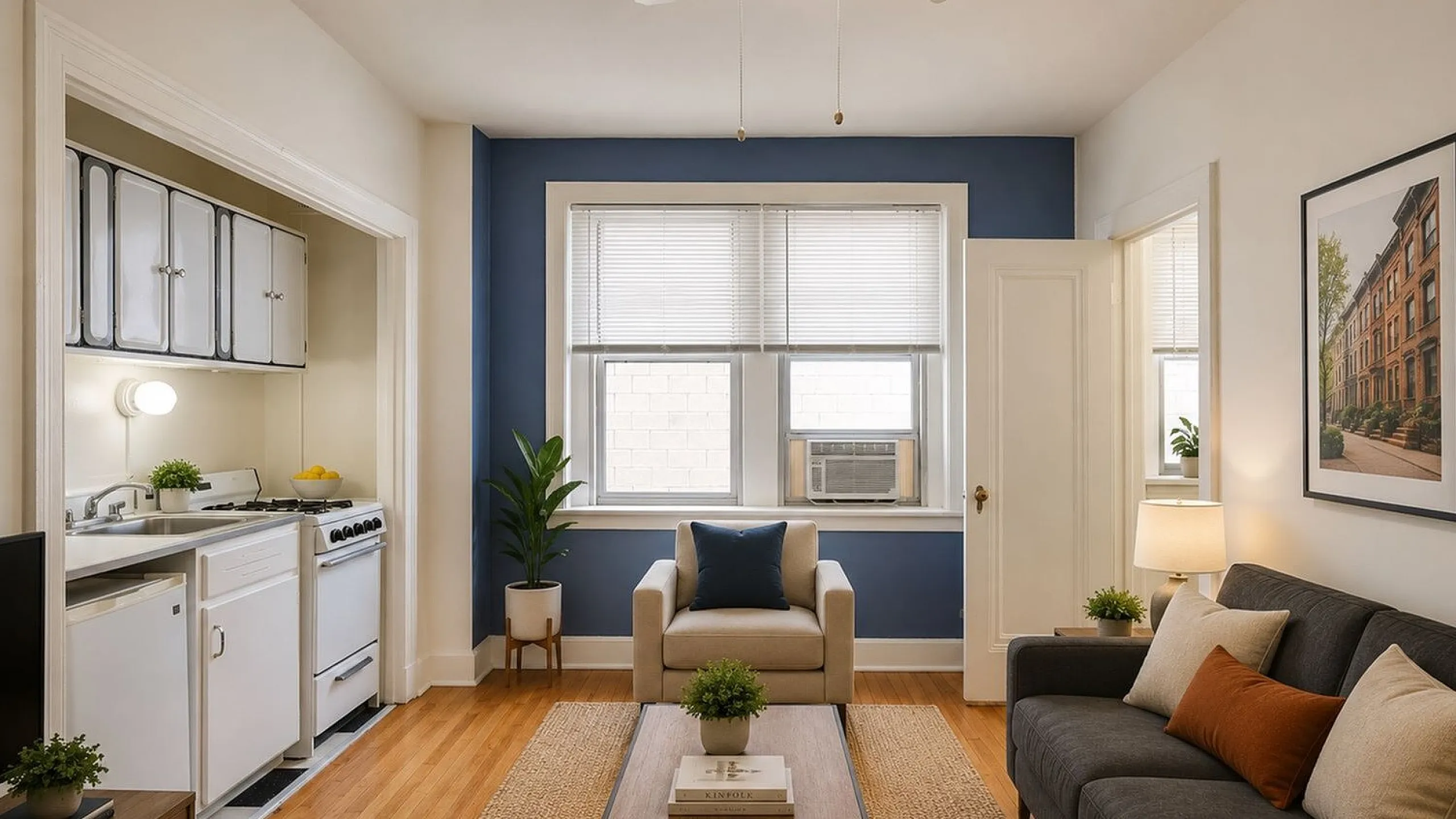 Cozy apartment living room with elegant furnishings, natural light, and a compact, modern kitchen.