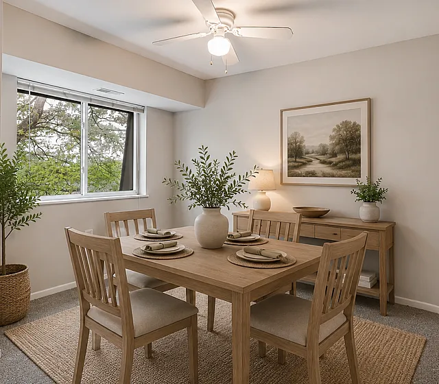 Inviting dining room with natural wood furniture, elegant decor, and abundant natural light from a large window.