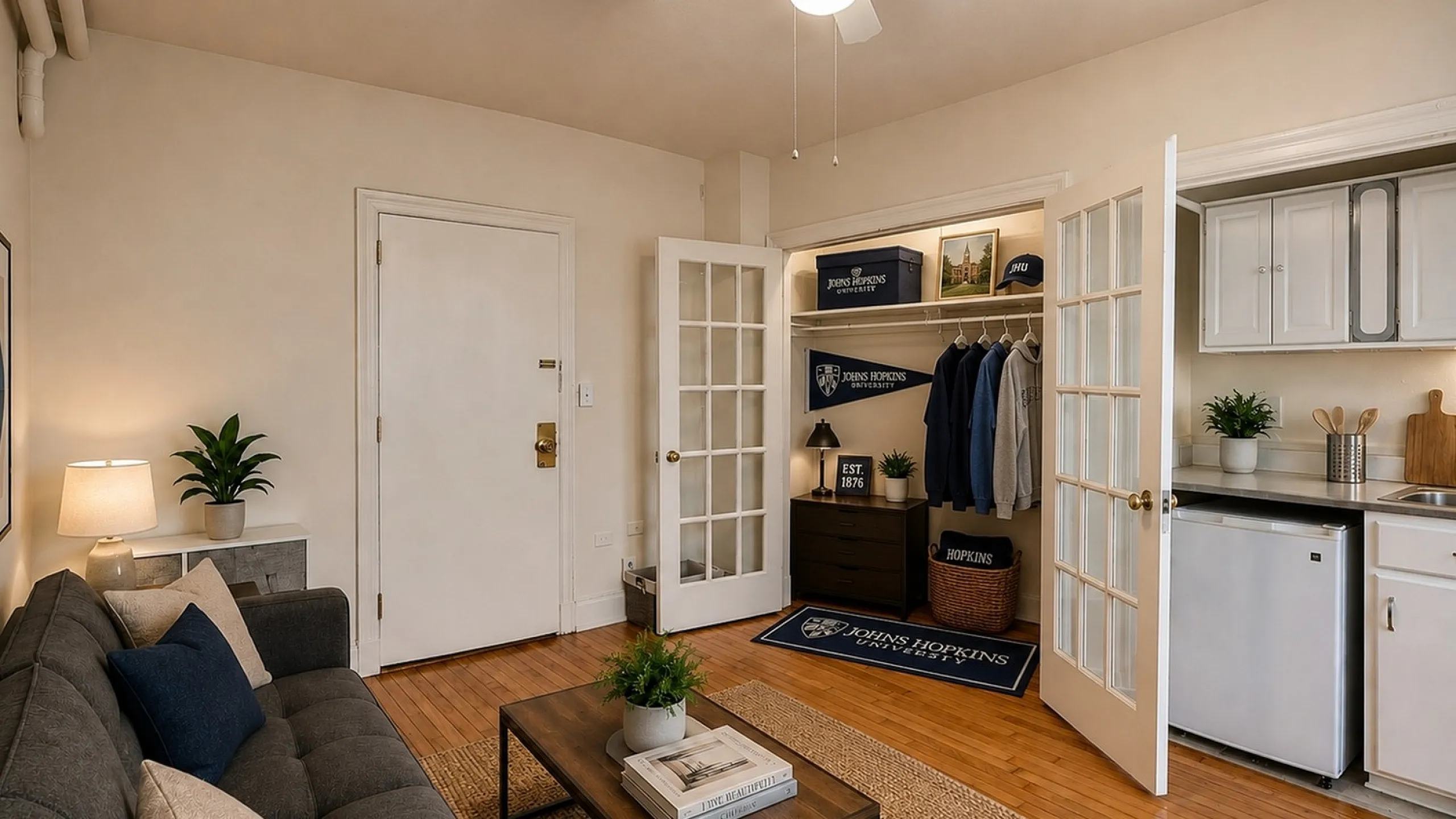 Charming living space featuring cozy seating, elegant glass doors, and a functional kitchenette with modern cabinetry and stylish decor.