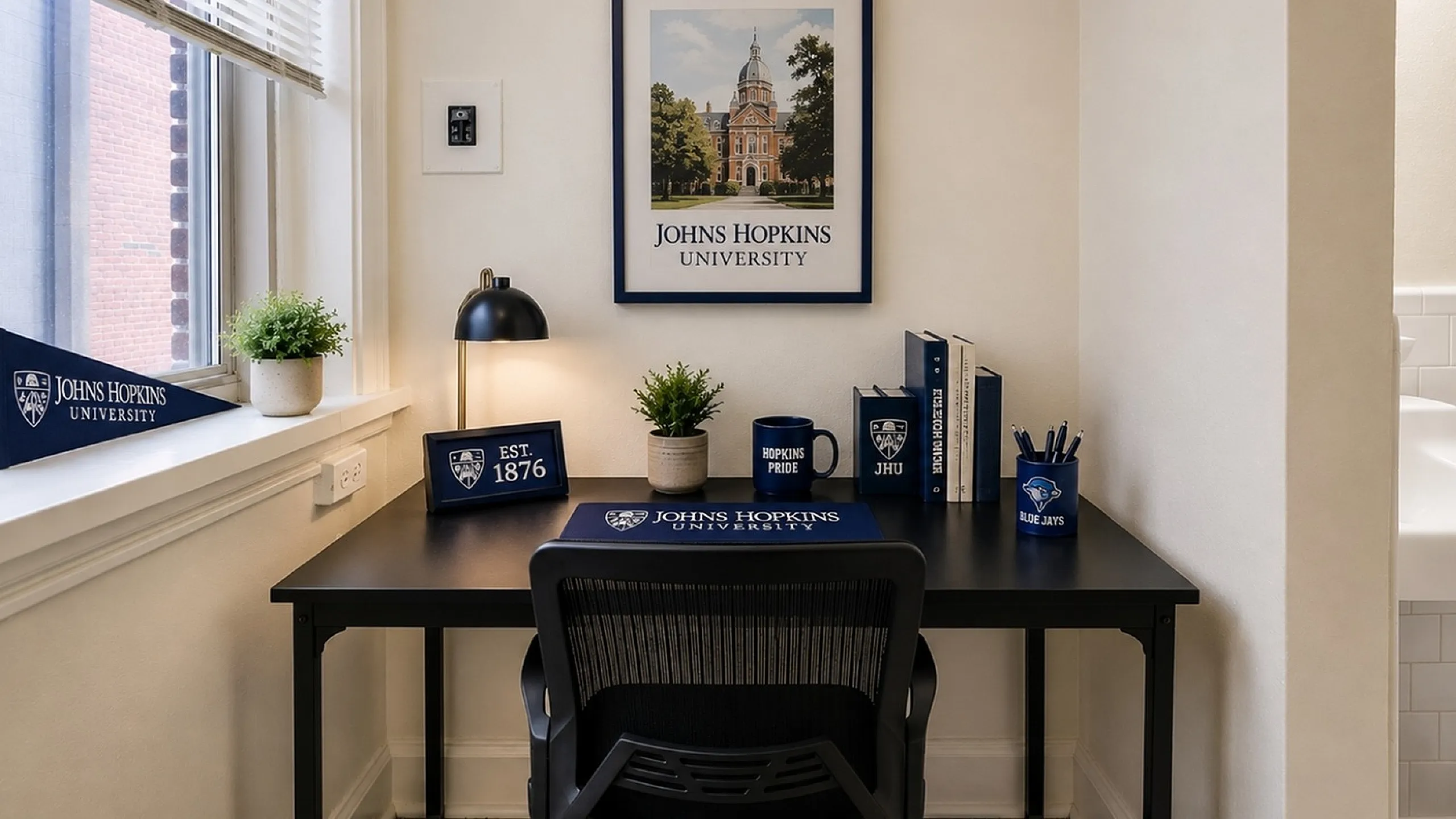 Cozy study corner with a desk showing university-themed decor, including a framed picture, potted plants, and a desk lamp, creating an inspiring academic atmosphere.