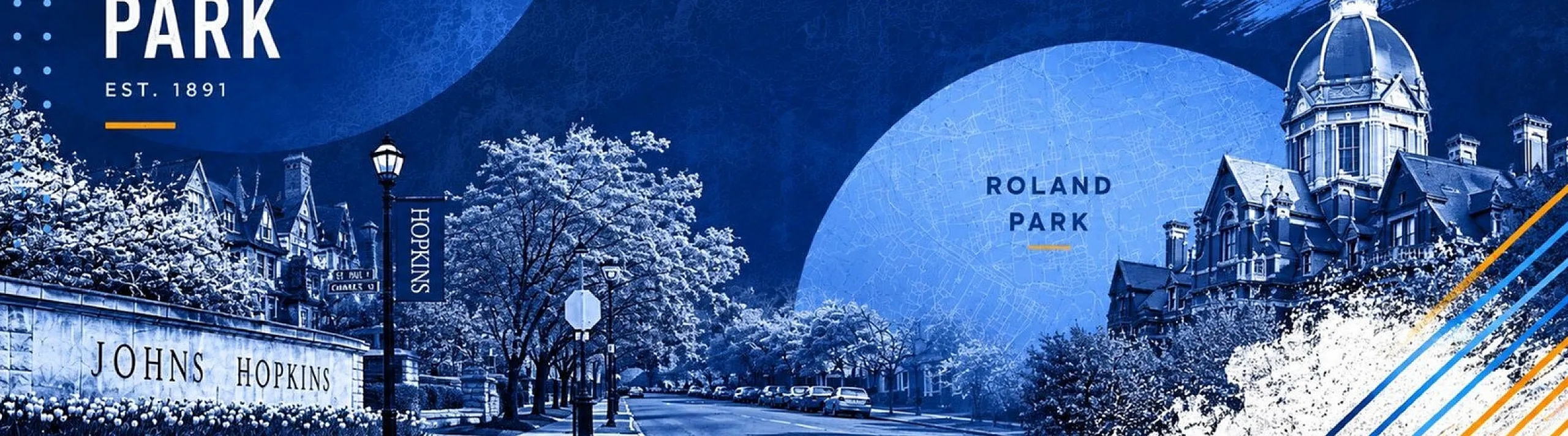 Charming street view of Roland Park featuring historic architecture and lush trees in a vibrant blue color scheme.