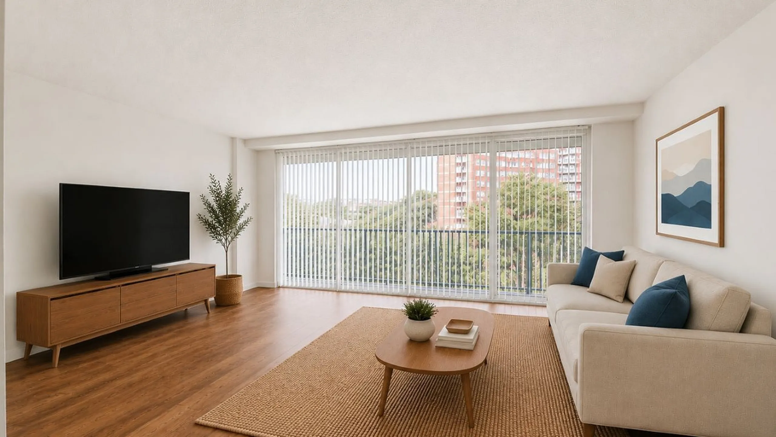 Bright and modern living room with sleek hardwood flooring, large flat-screen TV, and a cozy beige sofa. Floor-to-ceiling windows offer abundant natural light and stunning city views.