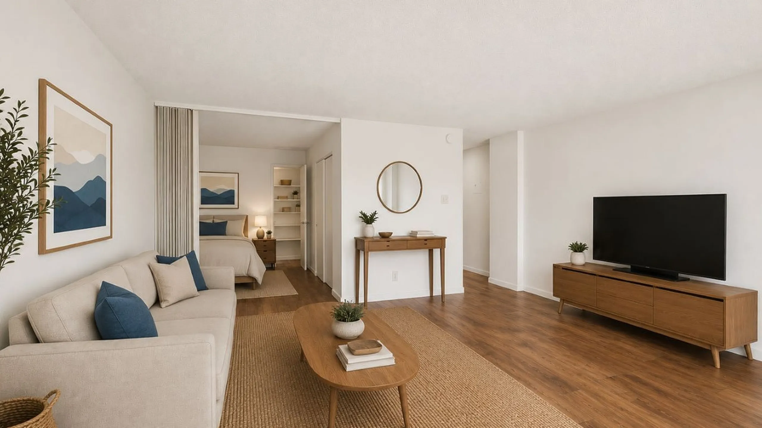 Inviting open-concept living space with cozy beige sofa, sleek modern furniture, and textured rug leading into a serene bedroom area.