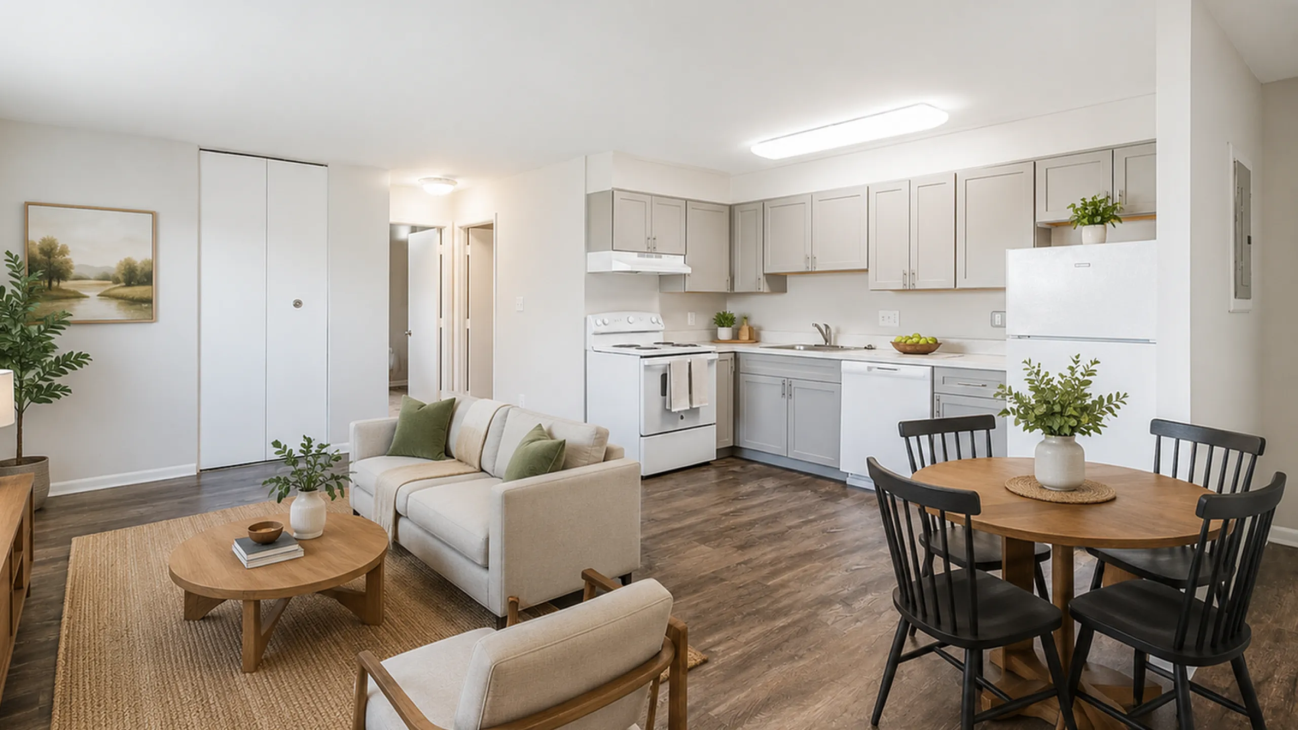 Modern apartment interior with an open-concept living room and kitchen, featuring stylish furniture, elegant decor, and abundant natural light.