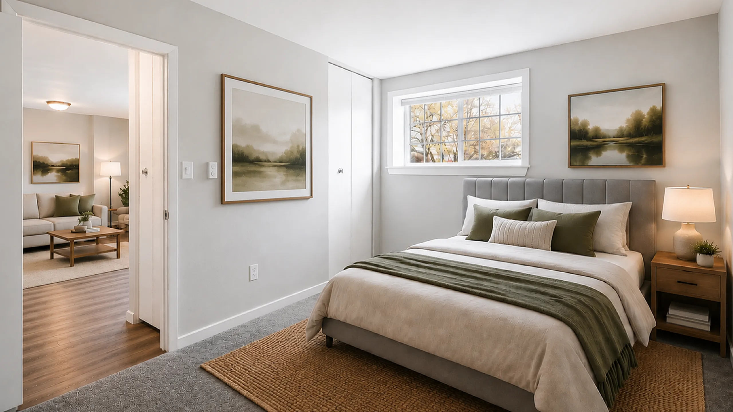 Inviting bedroom with cozy decor, large window, and a soft neutral palette, leading into a stylish living room with modern furnishings.