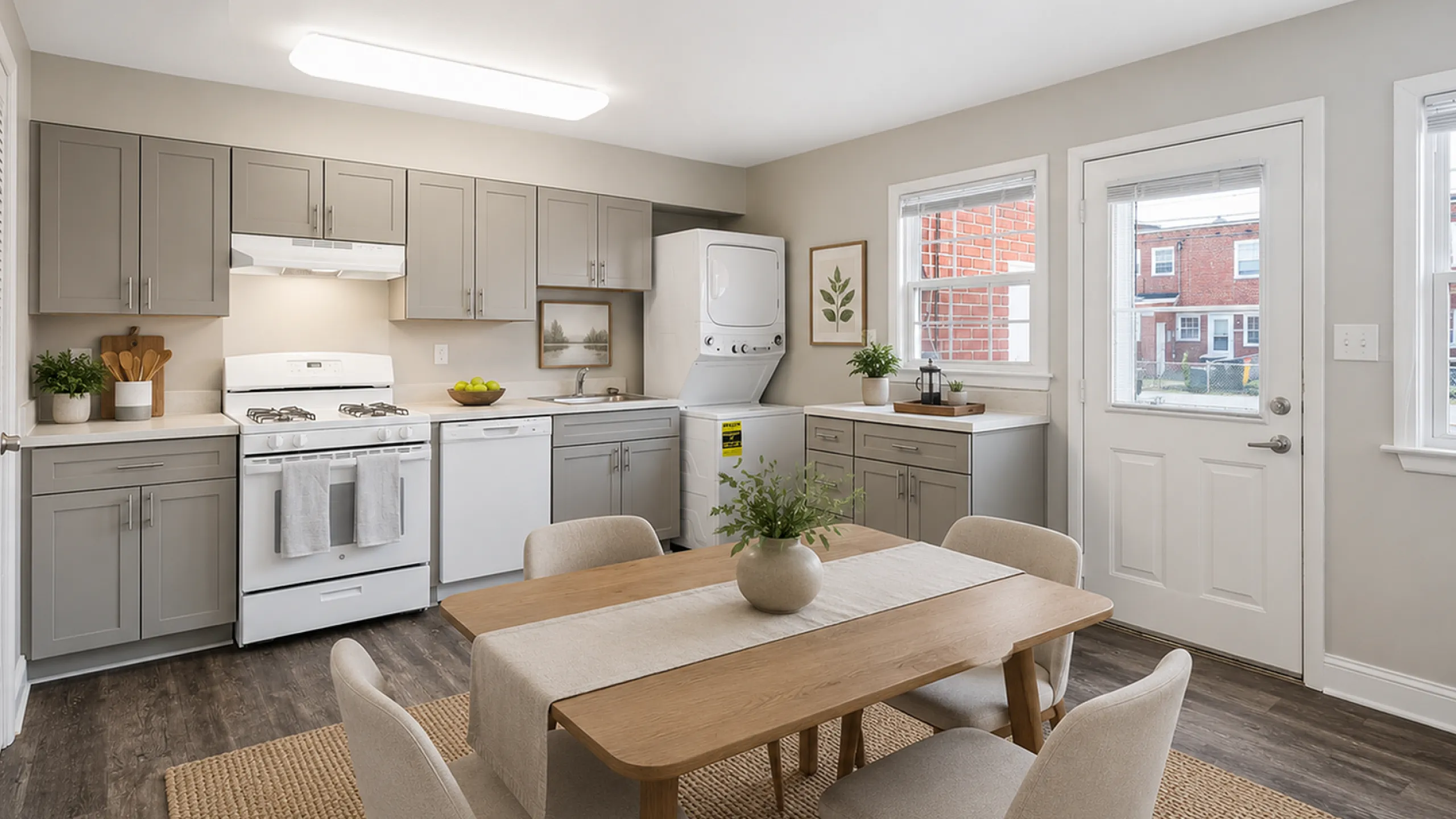 Charming kitchen with modern gray cabinetry, cozy dining area, and convenient in-unit laundry.