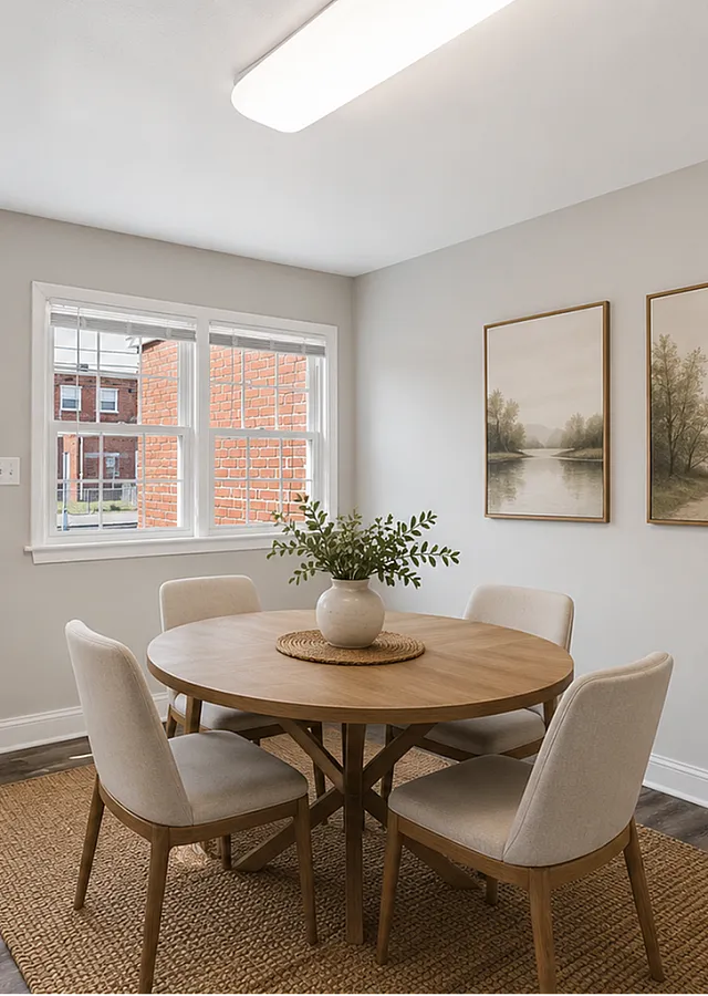 Bright dining area with natural light, featuring a modern round wooden table, elegantly set with a centerpiece, surrounded by plush chairs and adorned with stylish artwork and greenery.