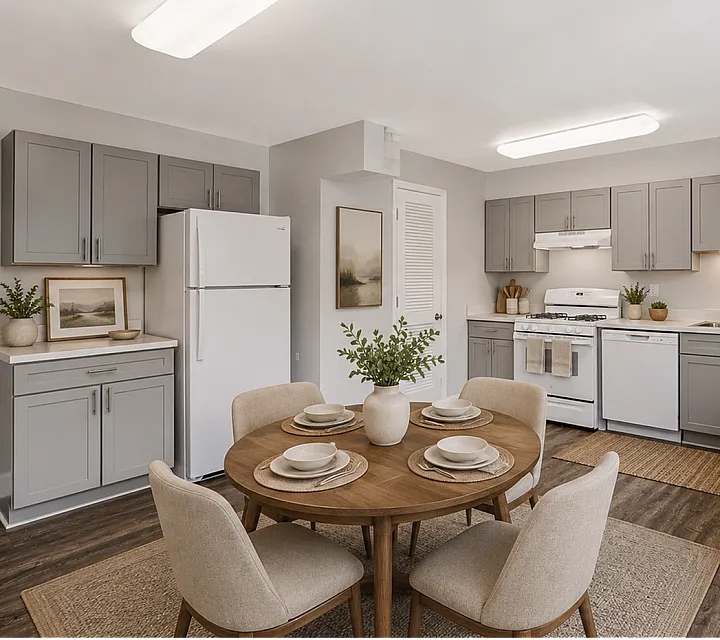 Elegant kitchen and dining area featuring modern appliances, sleek gray cabinetry, and a cozy wooden table for four. Bright and inviting open space with stylish decor and lush greenery accents.