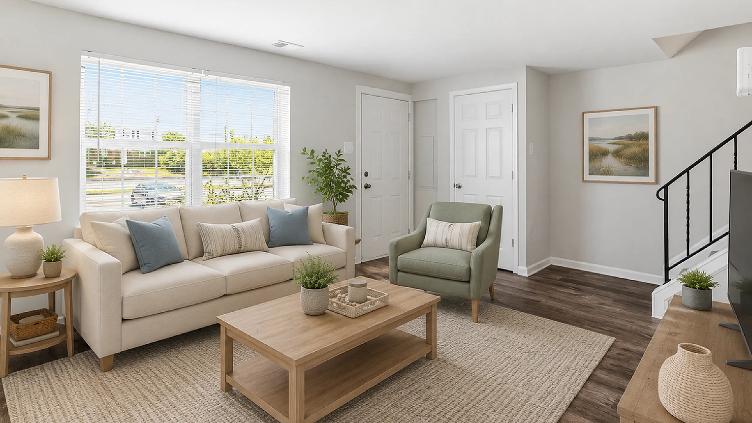Bright and inviting living room with cozy beige sofa, stylish armchair, and contemporary wooden furniture, perfect for relaxation.