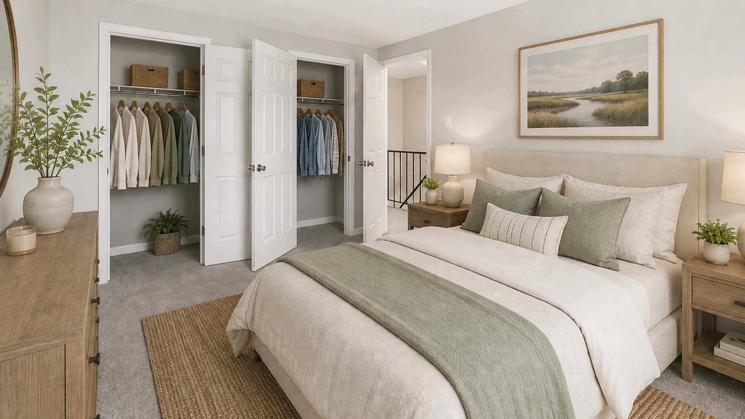 Serene bedroom featuring a cozy bed with subtle green accents, dual closets with organized shelving, and elegant decor for a relaxing atmosphere.