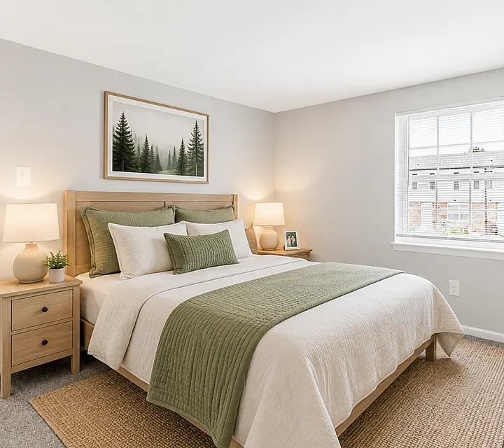 Bright and cozy bedroom featuring a stylish bed with green accents, elegant wooden furniture, and a large window allowing abundant natural light.