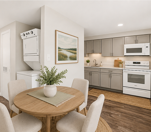 Charming open layout with a cozy dining area, modern kitchen, and inviting living room with ample natural light.