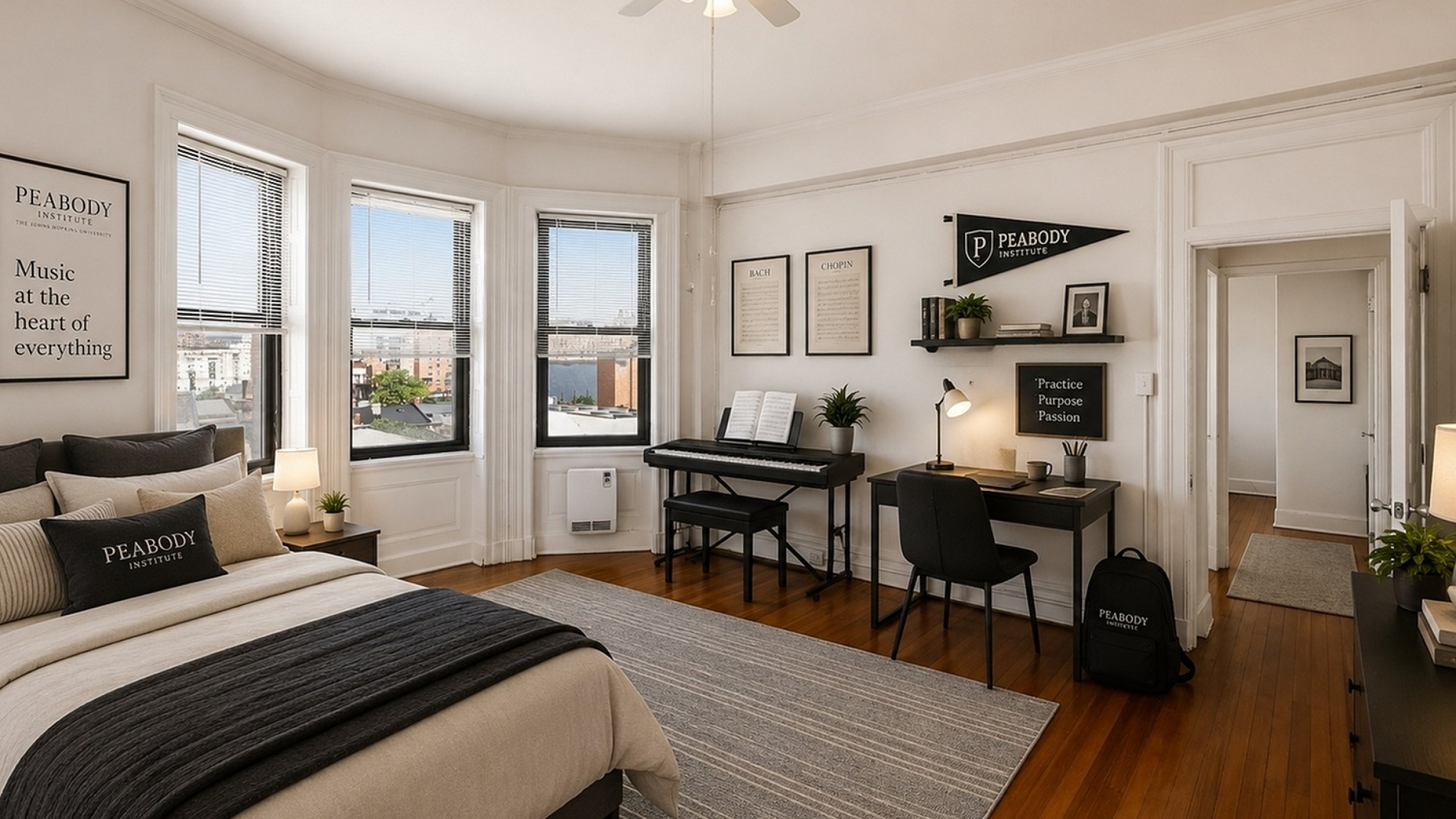Inviting bedroom with stylish decor featuring a cozy bed, study area with keyboard, and expansive windows offering a scenic city view.