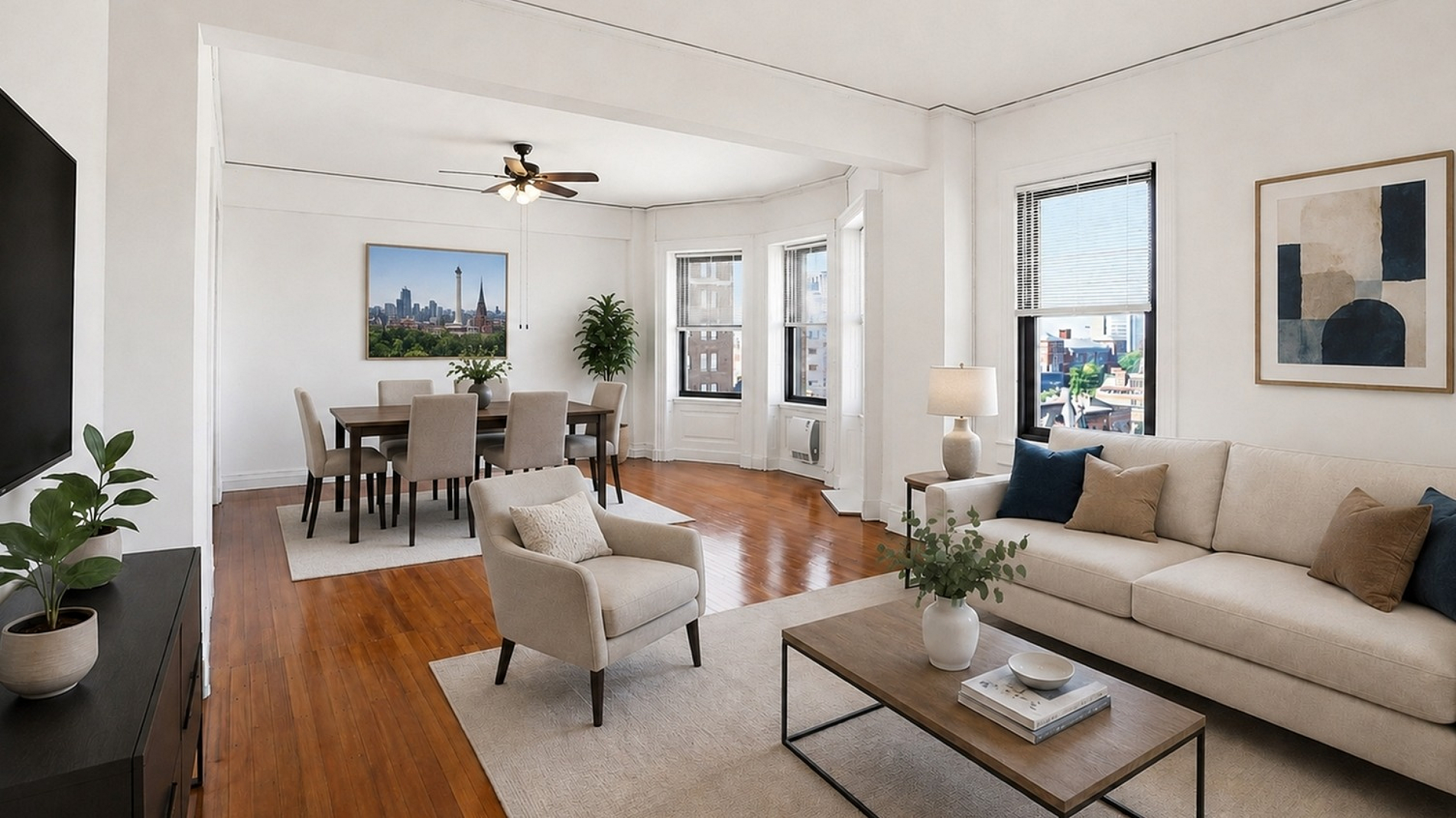 Spacious and elegant living and dining area with hardwood floors, abundant natural light, and stylish modern decor.