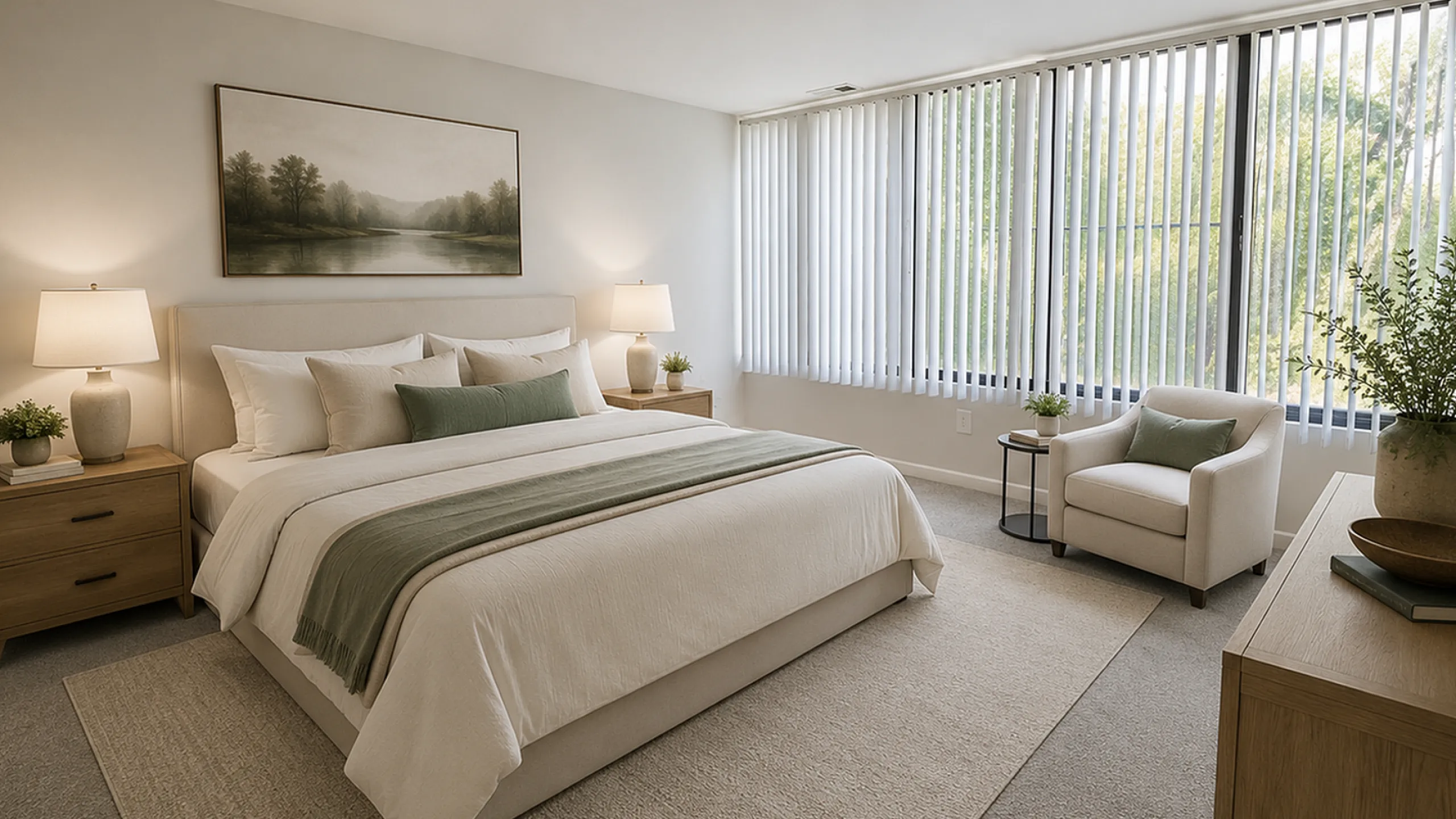 Elegant bedroom with a large bed, stylish nightstands, and expansive windows offering abundant natural light.